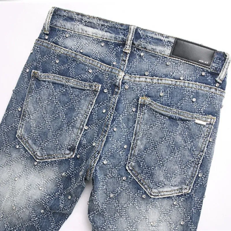 Men's Y2K Hip-hop Jeans American Retro Washed Blue Denim Pants Diamond Pattern Rivets Streetwear Slim Fit Party Male Trousers
