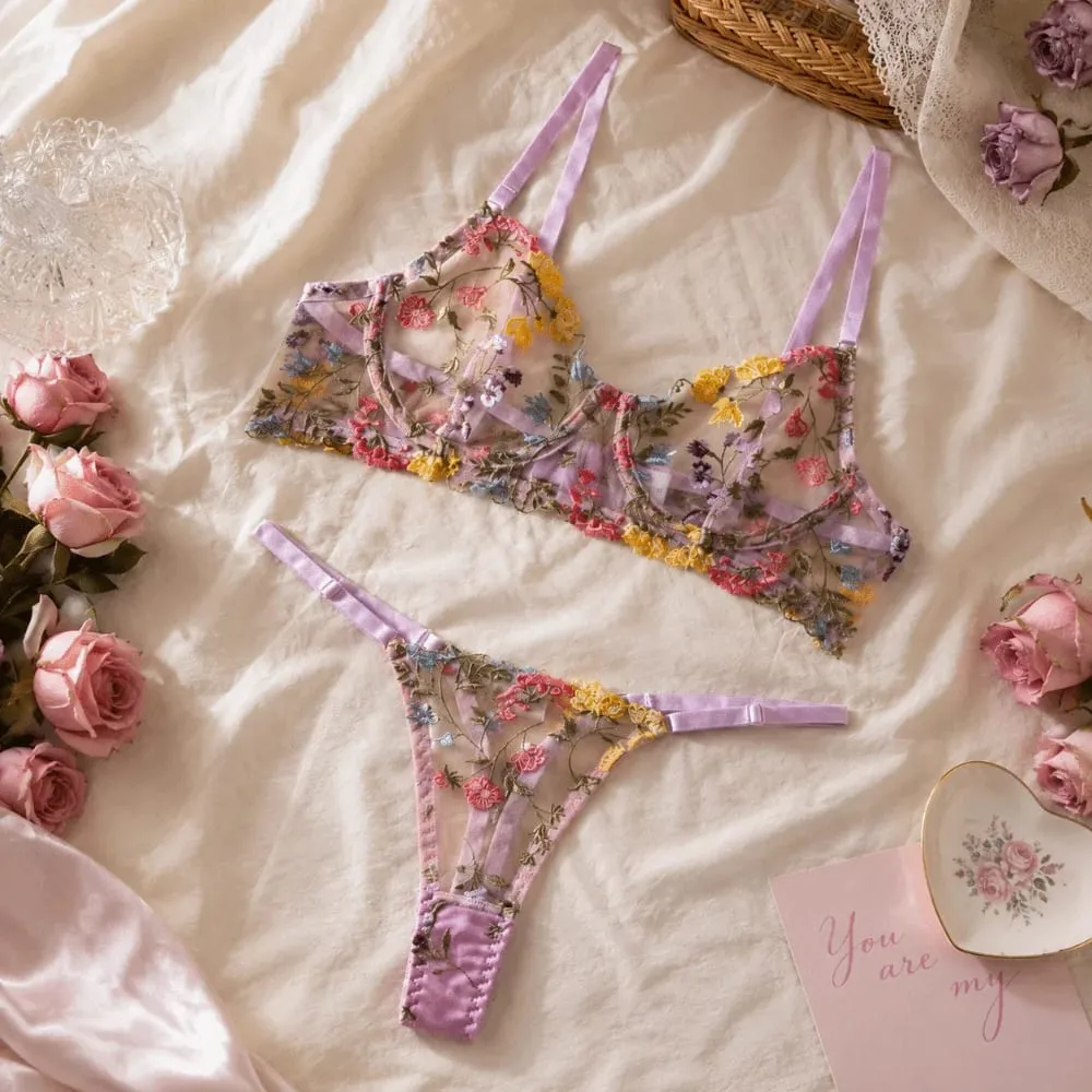 Sheer Intimates Transparent Lingerie Set Push Up Ultra-thin Panties Bra Set Elegant Embroidery Floral Underwear Girl