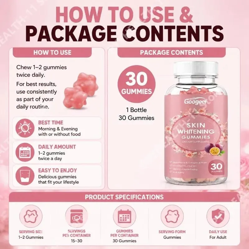 Googeer Vitamin C Skin Whitening Gummies with Glutathione Collagen Biotin for Brightening Antioxidant Support 30 Gummies