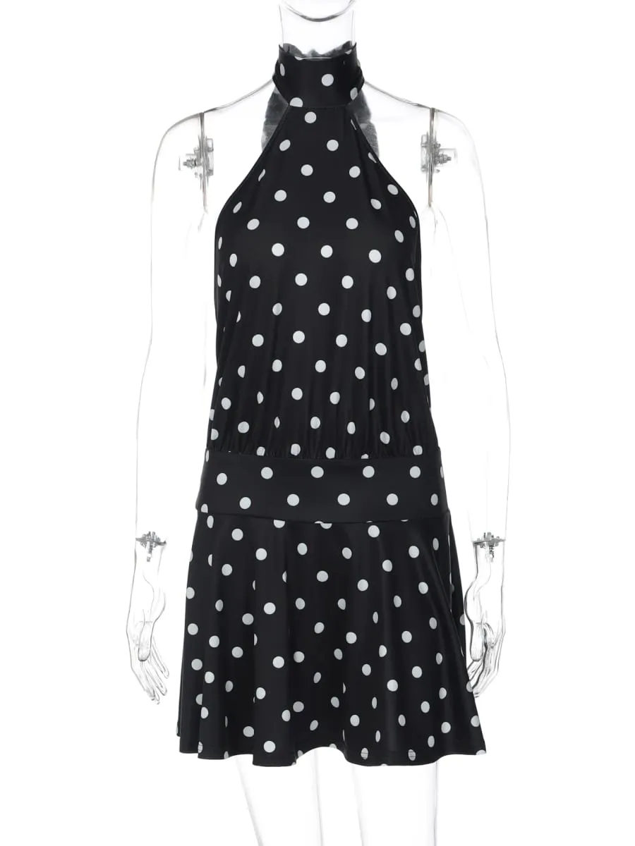 Hugcitar Polka Dot Cetak Halter Tanpa Lengan Pembalut Tanpa Belakang Seksi Slim Mini Dress Musim Panas Wanita Fesyen Pakaian Percutian Parti