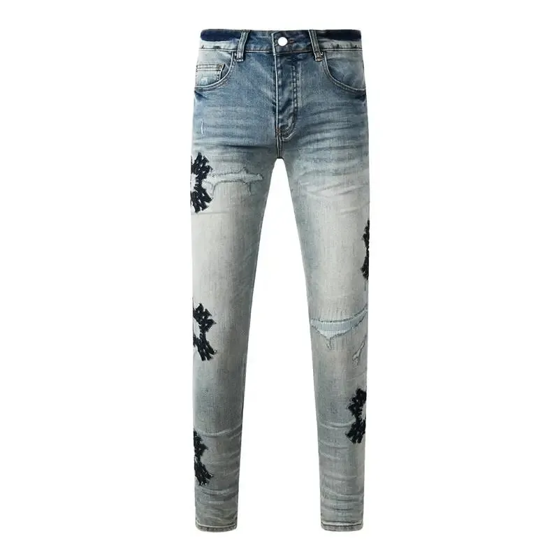Fashion Americans Brands Men's Jeans Luxury Streetwear Holes Long Trousers Quality Male Stretch Slim Pants Skinny Trousers