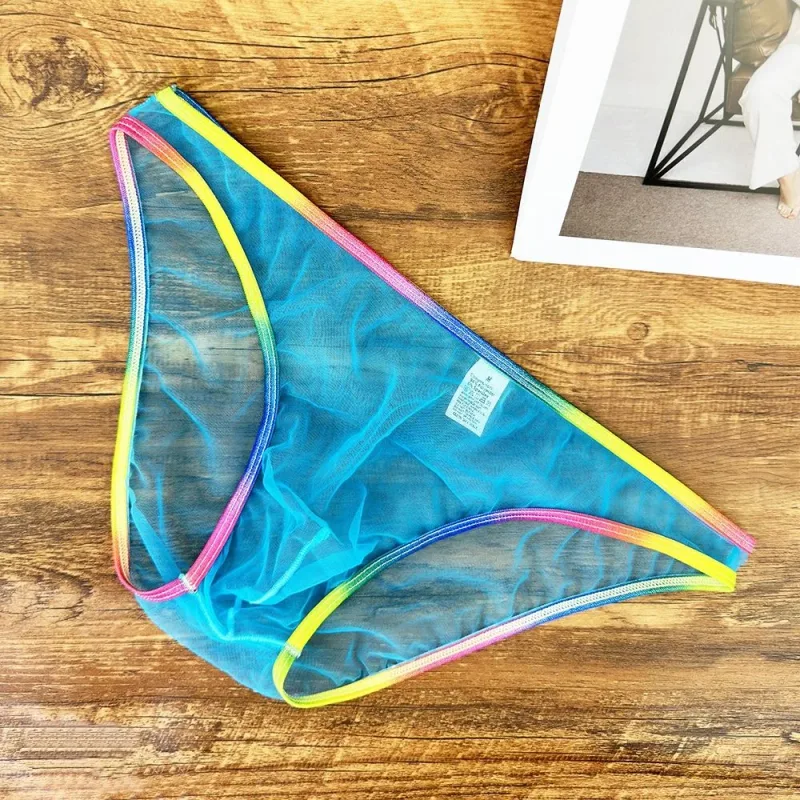 Cuecas masculinas coloridas de cintura baixa u convexa, cuecas de gaze sexy ultrafinas de malha pura transparente