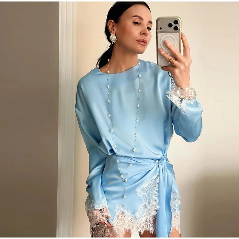 Loose Satin Mini Dress Women O Neck Long Sleeves Lace Patchwork Straight Vestidos Female 2026 Spring Summer Chic Solid Dresses