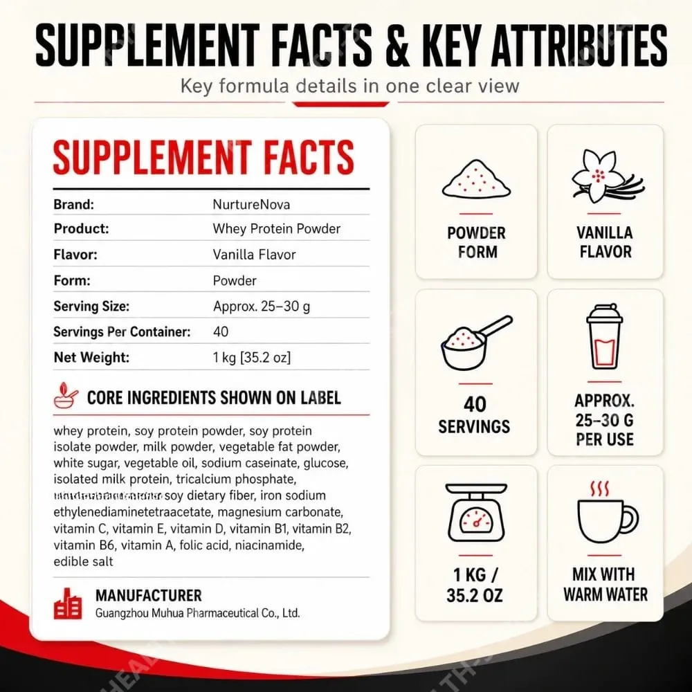 NurtureNova Whey Protein Powder Build Muscle Muscle Recovery Sports Vanilla Flavor Whey Protein Powder 40 Servings 1kg (35.2oz) — image 7