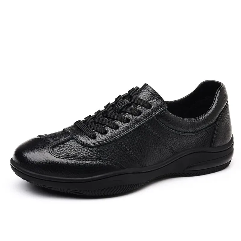 Mens All Black Genuine Leather Casual Sneakers Low Top Lace Up Comfortable Shoes For Business Daily Street Style Fashion Simple