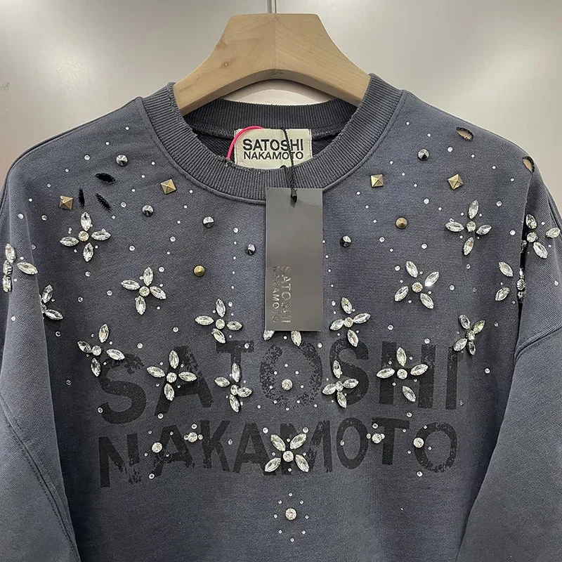 26FW Heavy Fabric Cotton Loose Rhinestone Rivet Satoshi Nakamoto Sweatshirts Men Women Vintage Charcoal Gray Green Pullovers