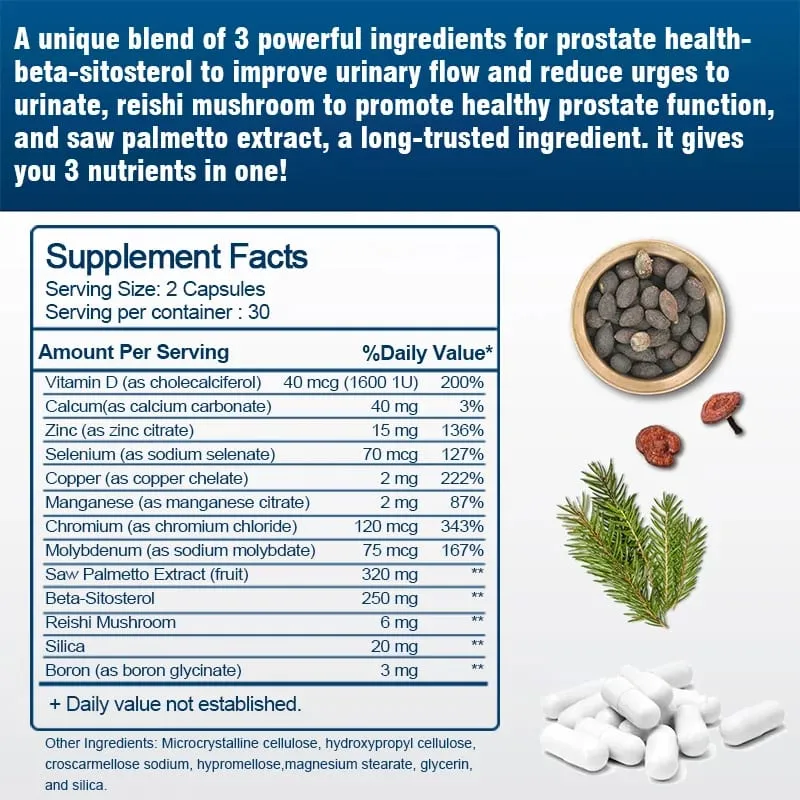 Advanced with Saw Palmetto 13 in 1 - Prostate Bladder & Urinary Health with Beta-sitosterol Reishi Vitamin D Supplement