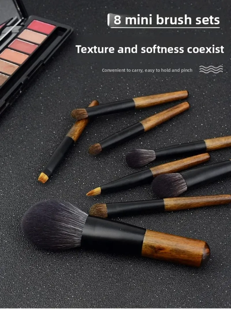 8Pcs Mini Travel Makeup Brush Set with Pouch Wooden Handle Cosmetic Brush for Face Powder Blush Highlighter Concealer Eyeshadow