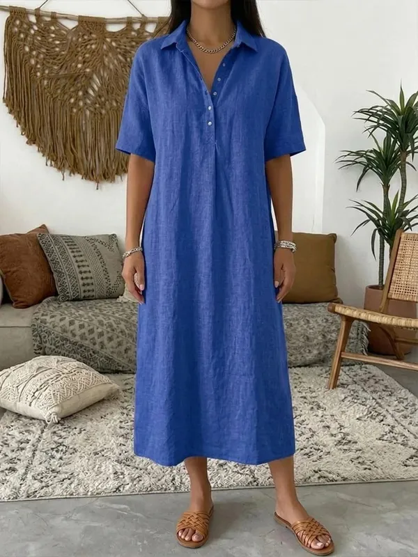 2026 Women's Spring and Summer New Casual Straight-Cut Comfortable Polo-Neck Linen Short-Sleeve Dress