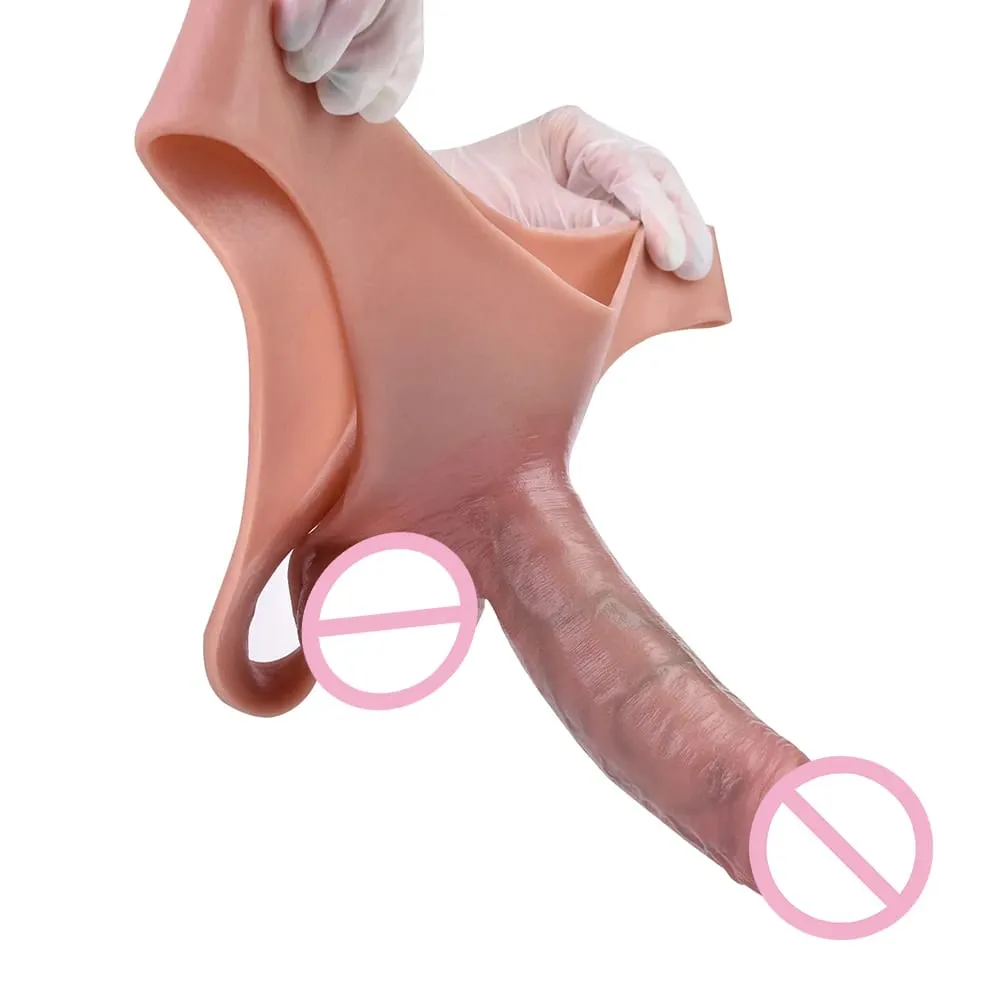 Hollow Dildo Pantalon Pakiramdam ng Balat Strapon Penis Sleeve Panties na May Tunay na ugat ng Lalaki Reusable Condom Dick Enlargement Sex Toy