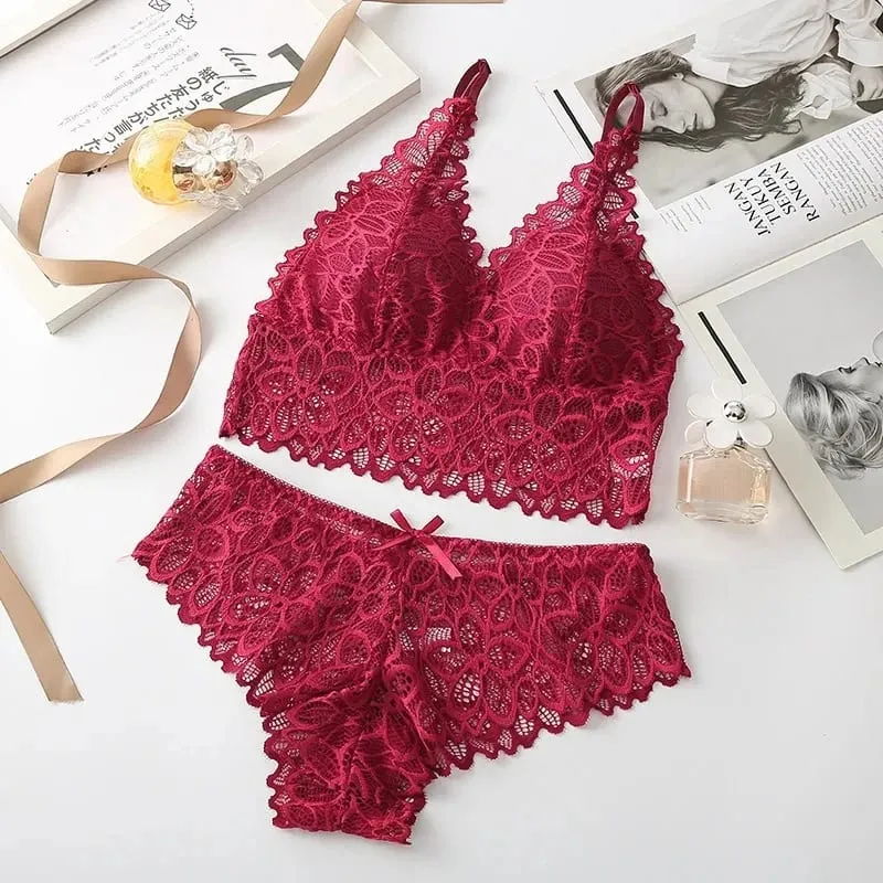 Sexy Lace Women Underwear Set Seamless Wire Free Bra Sets Hollow Out Bra at Panty Set Para sa Babae Embroidery Intimate Lingerie