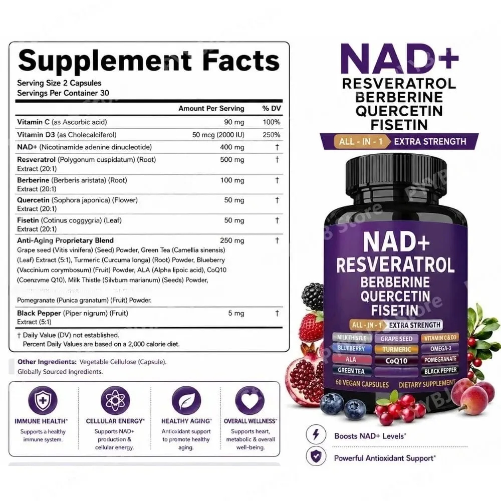 NAD+ Integratore di Resveratrolo con Berberina Quercetina Fisetina CoQ10 Vitamina C D3 60 Capsule Vegane per il Supporto Nutrizionale Quotidiano