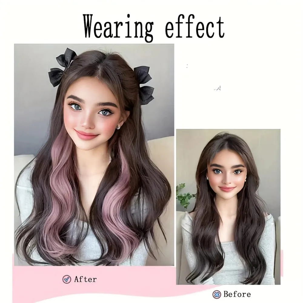 2Pcs Ear-Hanging Highlight Hair Coloring Strips Women's Long Hair One-Piece Colorful Hair Extensions Invisible Synthetic Wig