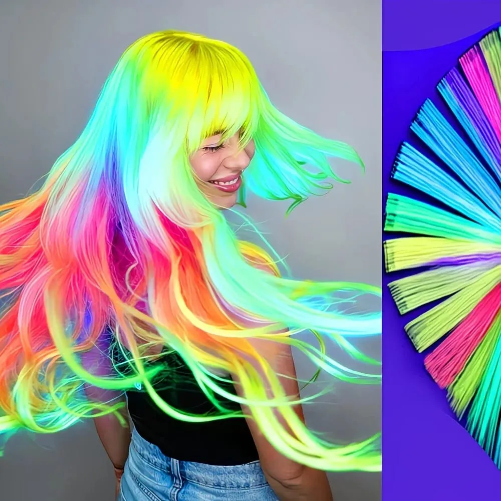 Glow in the Dark Hair Extensions Luminous Colored Hairpieces Colorful Hair Clips Synthetic Neon Fake Hair Clips Hair Accessories