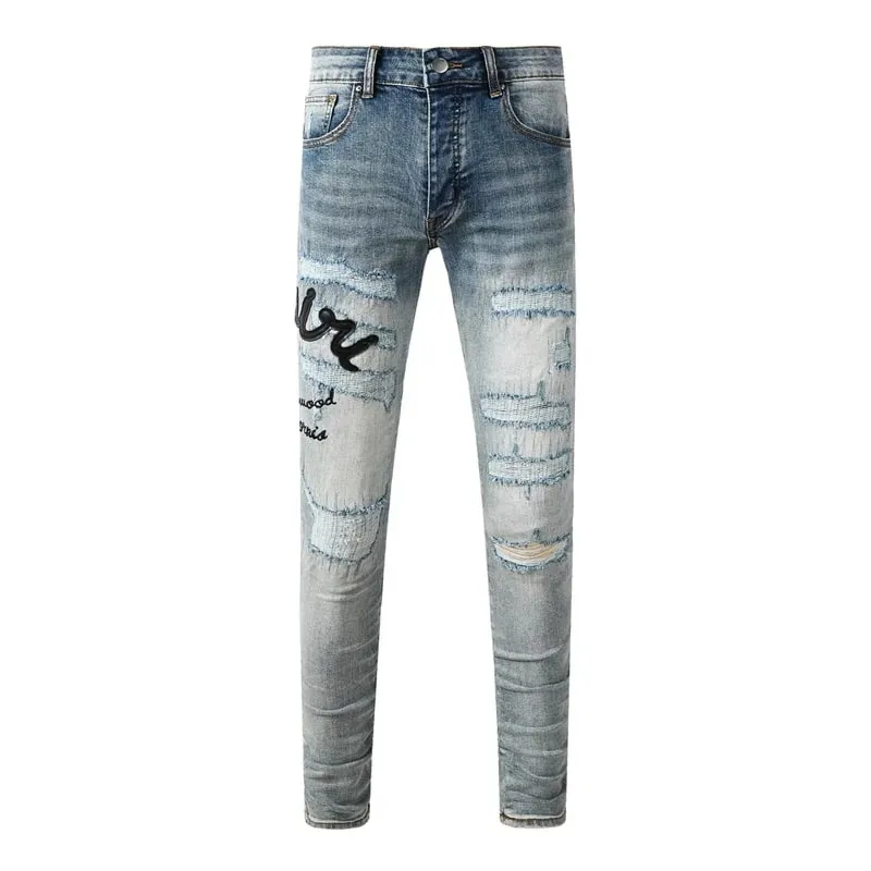 Fashion Americans Brands Men's Jeans Luxury Streetwear Holes Long Trousers Quality Male Stretch Slim Pants Skinny Trousers
