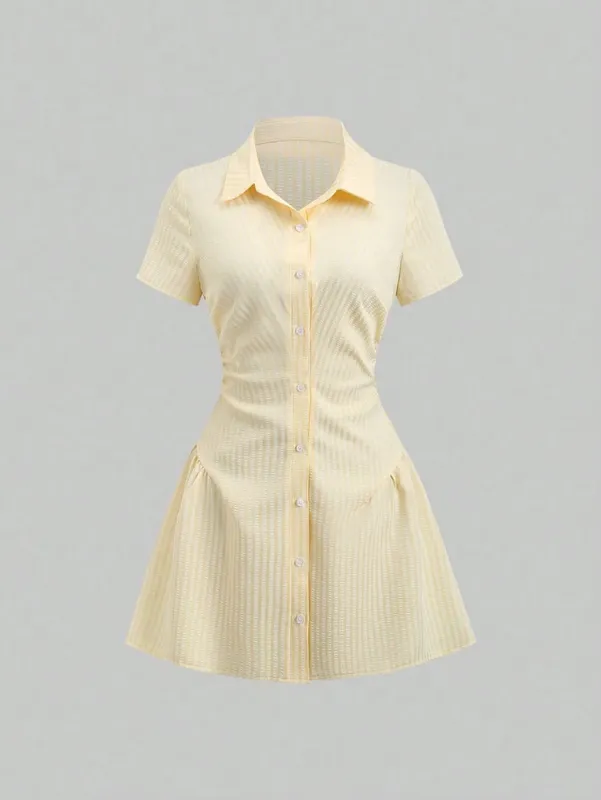 Women's Summer Mini Dress V Neck Bubble Sleeve Pleated A Line Shirt Dress Casual Short Dresses for Women
