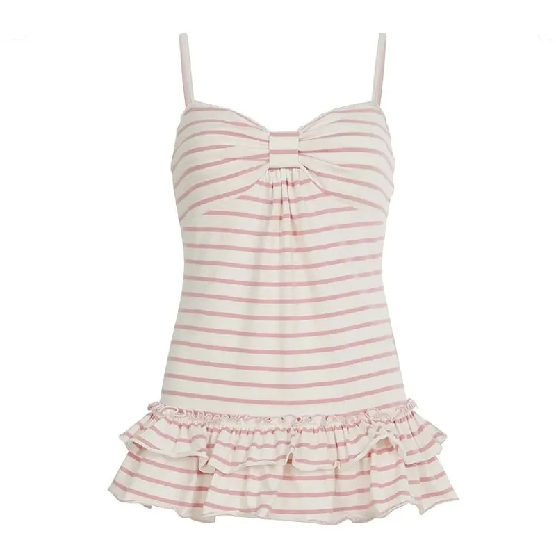Women Sweet Striped Camisole Top Bow Front Ruffle Hem Sleeveless Cami Summer Loose A‑Line Tank Tops