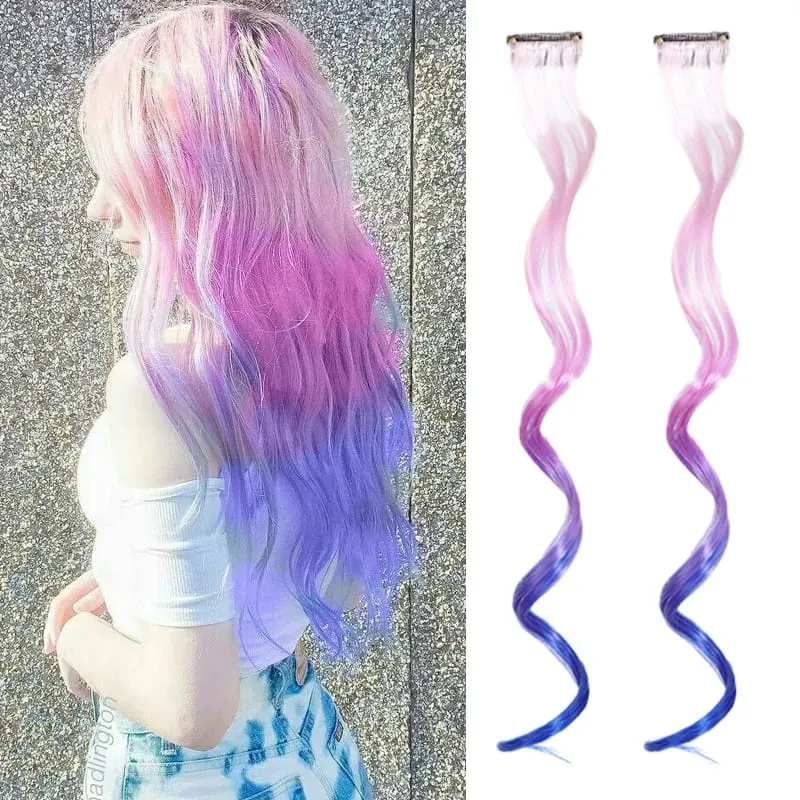 2pcs 16 Inch Colorful Hair Extensions Synthetic Ombre Wavy Clip in Hair Extensions Lightweight Hairpieces for Women Party Wear