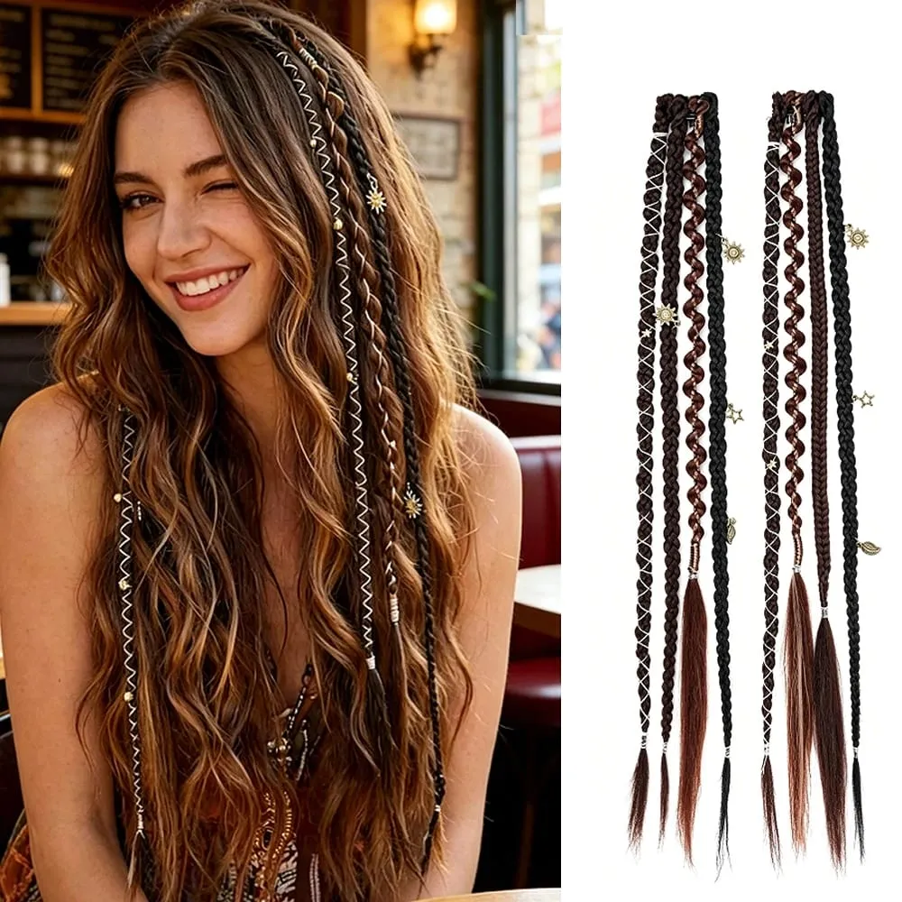 Bohemia Clip in Hair Extensions Fairy Hairpieces Synthetic Handmade Weaving Hair for Girls Party Halloween Christmas Festival