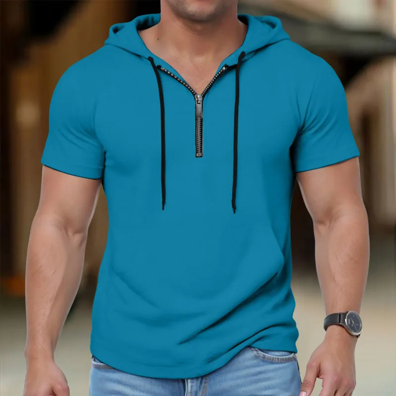 Hoodies casuais de manga curta masculina moda esportes metade zip cordão moletom mostrar mais forte solto respirável fitness hoodies — image 5