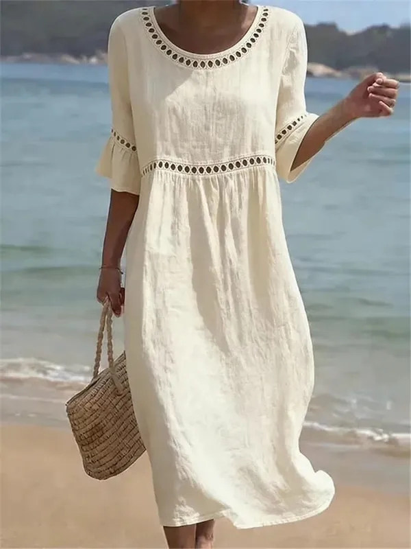 Summer Loose Beach Holiday Long Dress Women Casual Hollow Out Half Sleeve Vacation Sundress Boho Solid Color A-Line Maxi Dresses