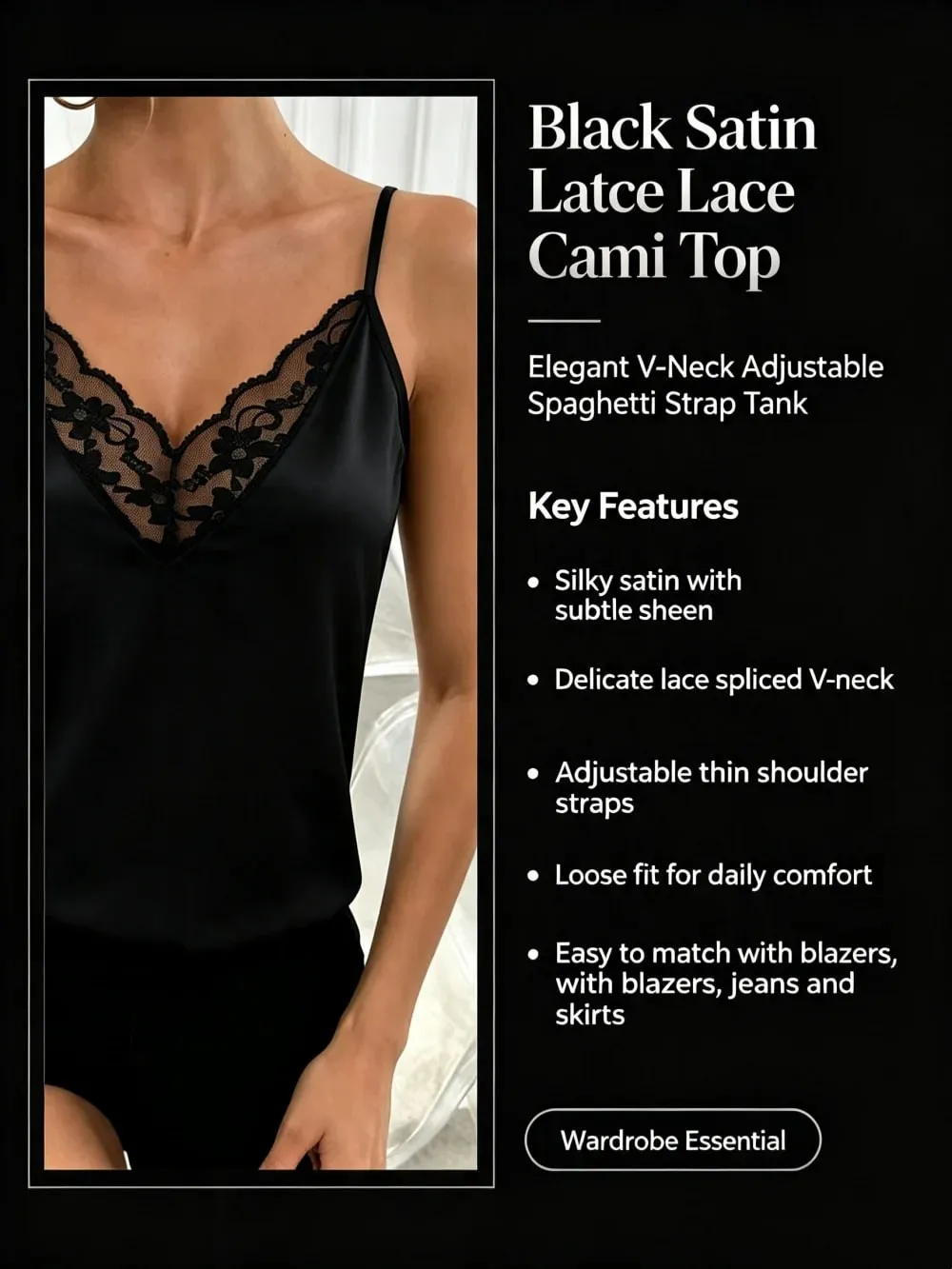 Women's V Neck Black Lace Splicing Camisole Sling Tank Top Spring Summer Sexy Casual Everyday Home Versatile Camisole Top
