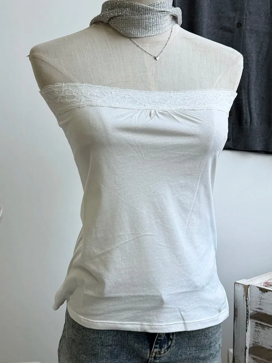 Lace Trim Strapless Tops Women Cotton Soft Slim White Sexy Sleeveless Camisole Sweet Cute Chic Tank Tops Y2K — image 10