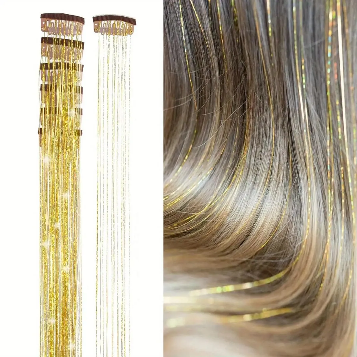 6Pcs 50cm Sparking Shiny Hair Tinsel Hair Extensions Tinsel Synthetic Hair Clip Extensions Women for Braiding Headdress