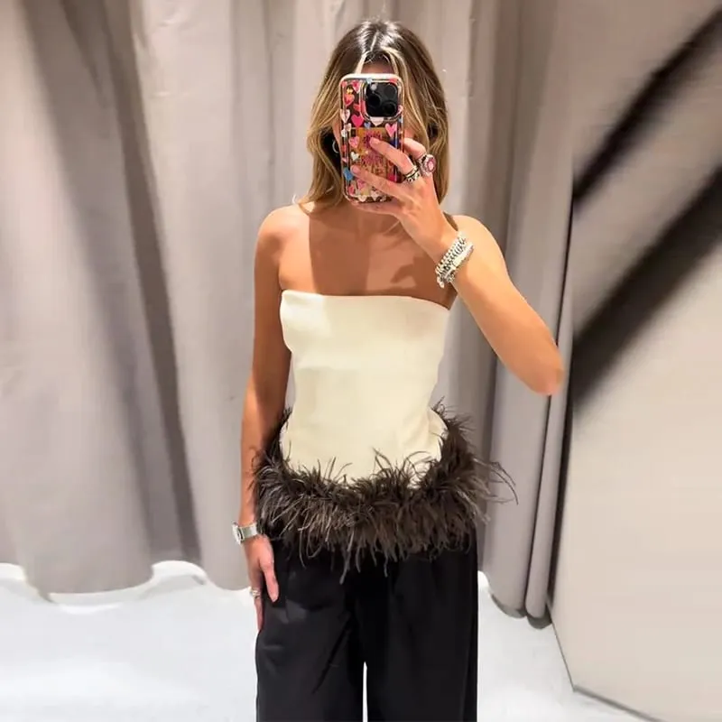 Fashion 2026 Elegant French Splicing Feather Mini Dress Women's Sleeveless Backless Party Sling Dresses Evening Party Gowns