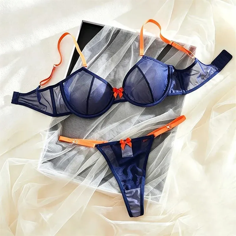 Kadın İç Giyim Lacivert Şeffaf Örgü İç Giyim Çelik Yüzükler Sütyen Turuncu Yay Thongs 2 Adet Seksi İç Giyim Kontrast Renk Intimates
