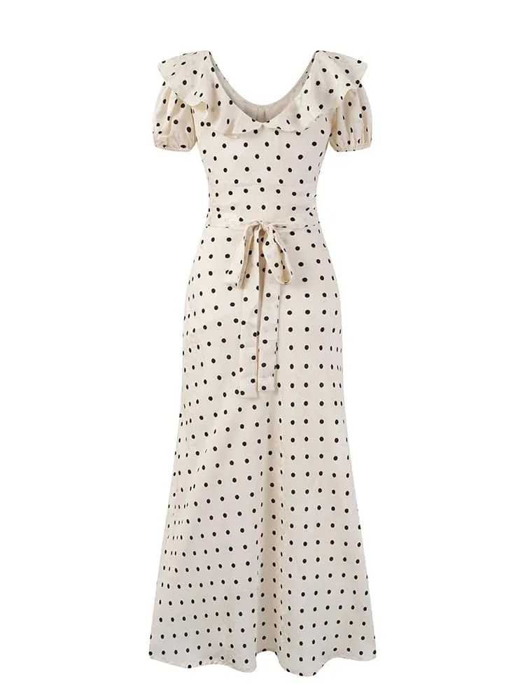 Chu Sau beauty Damen Neue Mode Süße Polka Dot Print Chic Rüschen Midikleid Französisch V-Ausschnitt Puffärmel Vintage Partykleider