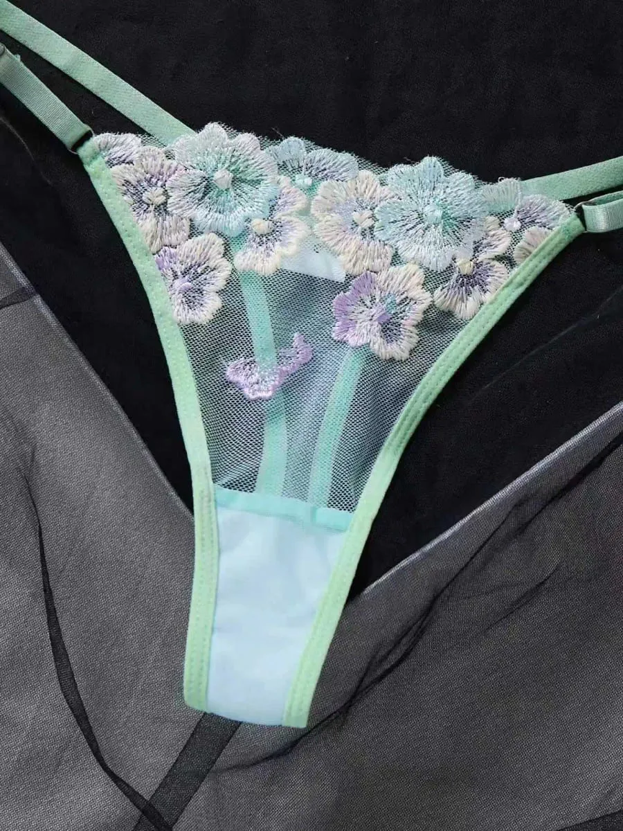 Sheer Mesh Floral Embroidery Lingerie Set Women Underwire Bra And Thong Set Color Contrast Sexy Lace Intimate Lingerie