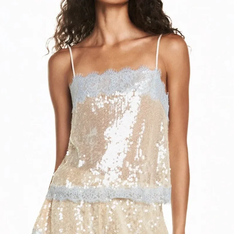 Women's Lace Trim Sequin Tank Top Spaghetti Straps Sparkly Cami Top Scallop Hem Rave Outfits