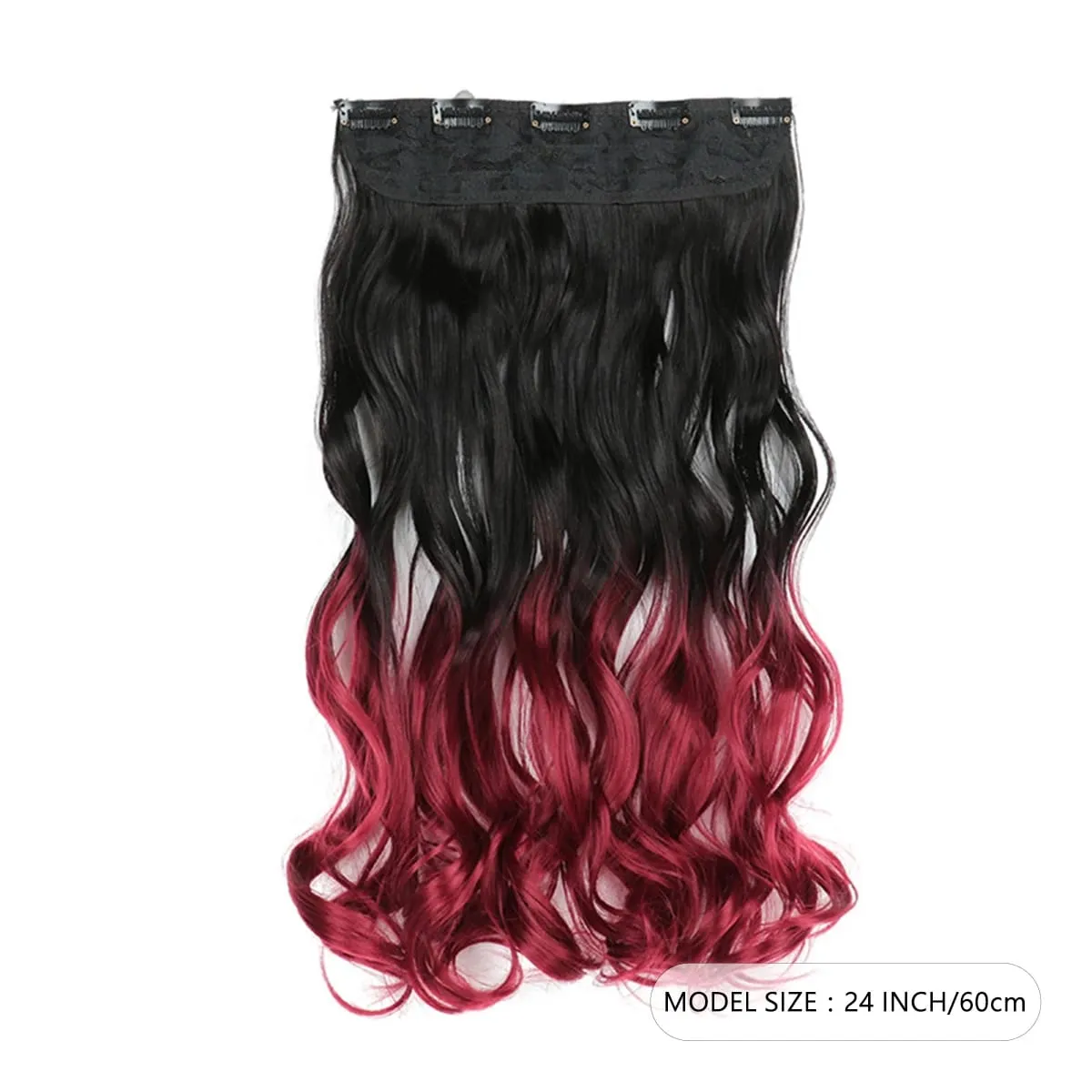 24-calowe Ombre Dip Dye Długie kręcone doczepiane włosy Dwukolorowe grube syntetyczne treski na całą głowę (od czarnego do ciemnoczerwonego)