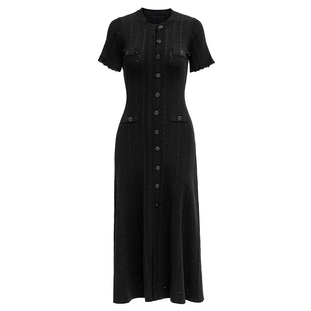Elegant Knitted Dress round Neck Short Sleeve Hollow out Long Dress Ribbed Single Button Knitted Dress Fashionable Commute Style
