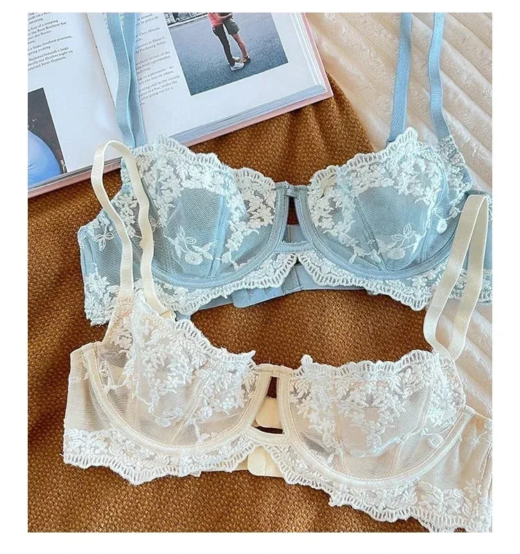 Embroidered Bralette & Panty Set for Women Ultra-Thin Comfort Underwire Support Large Size Lingerie