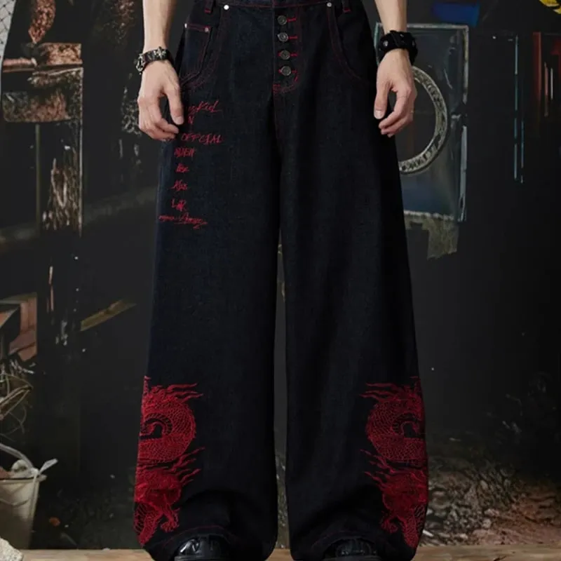 2026 New Side Red Dragon Embroidery Baggy Jeans For Men Y2K Streetwear Punk Fashion Denim Pantalones American Retro Hip Hop Jean