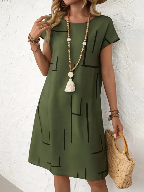 Women's Summer Casual Allover Simple Print O Neck Short Sleeve Dress Shirt Dresses For Women Y2k Ladies Clothes Woman Clothing