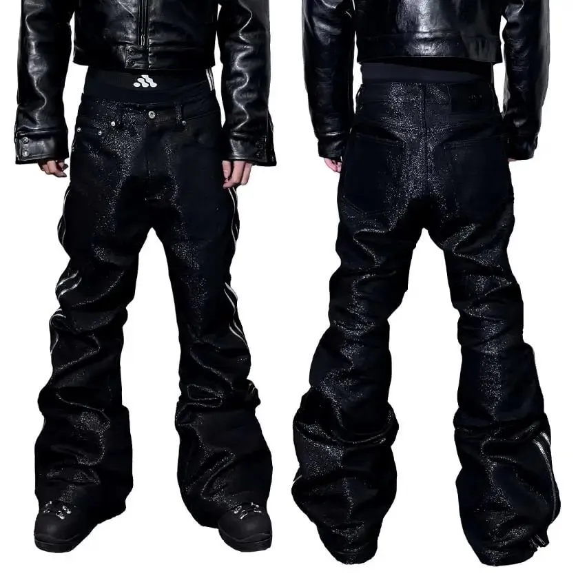 High Quality Silver Thread Woven Metal Texture Bootcut Jeans Man Side Double Zippers Gothic Punk Stacked Jeans