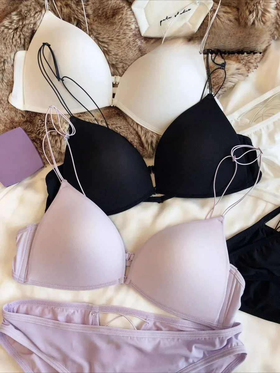 French Front Buckle Women Underwear Sexy Hollow Push Up Bra Set Summer Thin Cup Backless Bralette Fine Shoulder Strap Lingerie