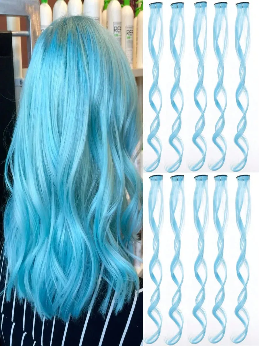 10pcs Colorful Hair Extensions Curly One Clip in Synthetic Long Hairpiece For Girls Women Multi-colors Party Highlights WigPiece