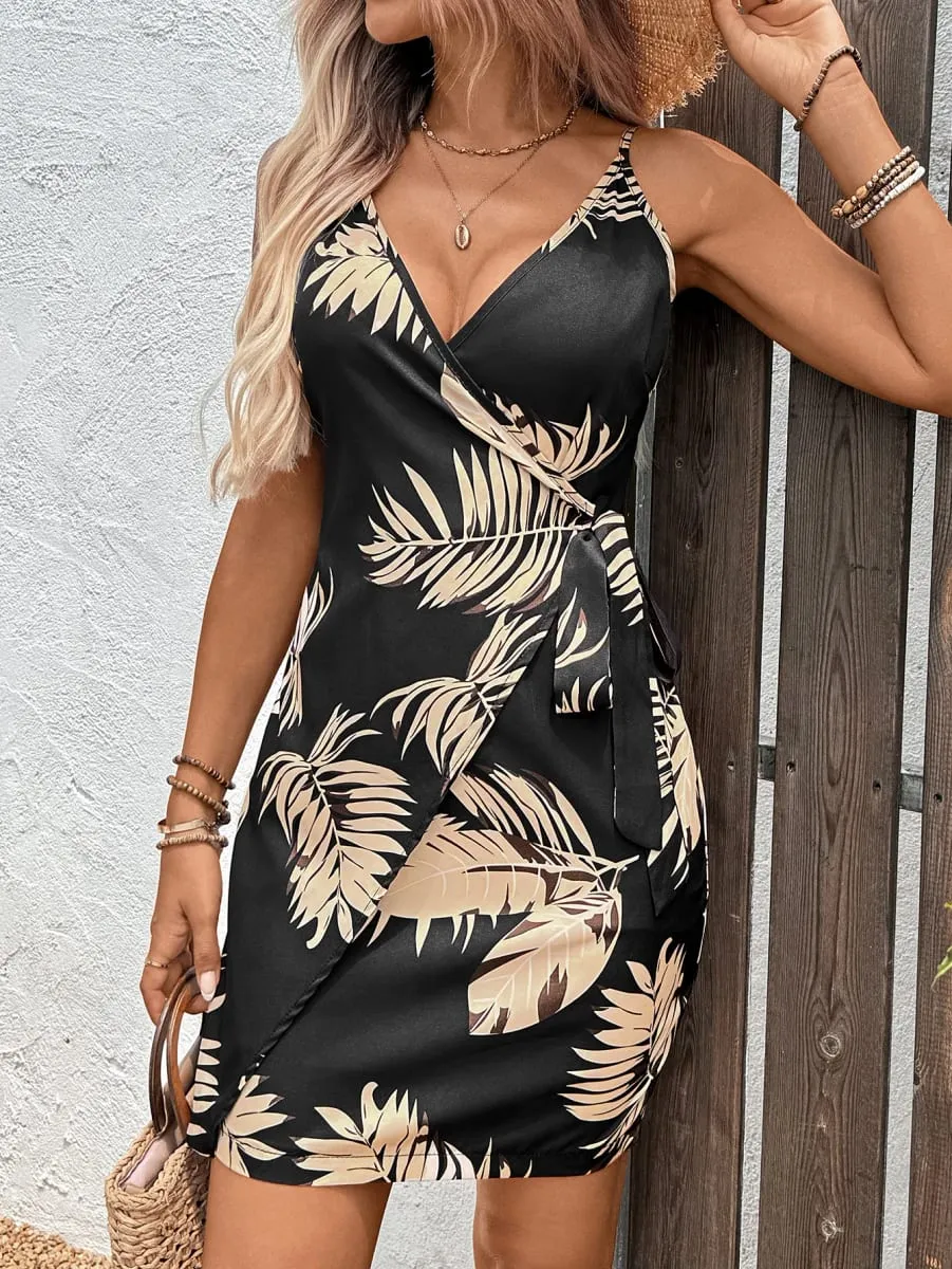 Women's V-neck Tie Wrap Cami Mini Dress Fashion Spaghetti Strap Tropical Leaf Print Wrap Spring Summer Beach Vacation Dress — image 5