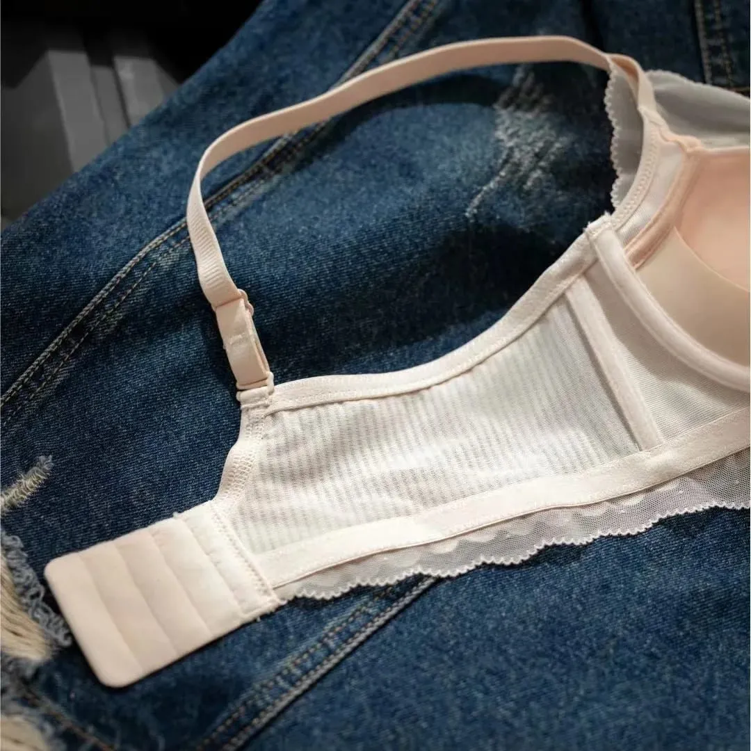 Biancheria intima per giovani donne in pizzo a 4 colori, senza filo, in cotone addensato, push up, per raccogliere comodi intimi, reggiseno e mutandine per ragazze