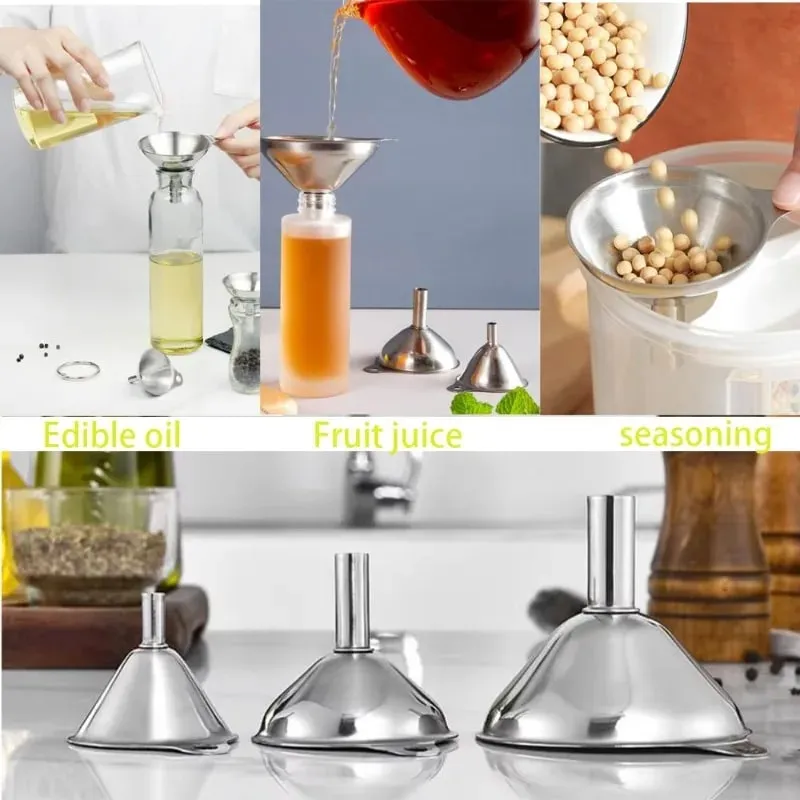 3PCS Stainless Steel Funnels Set Food Grade Metal Funnels with Cleaning Brush for Filling Bottles Kitchen Oil Liquid Filter Tool
