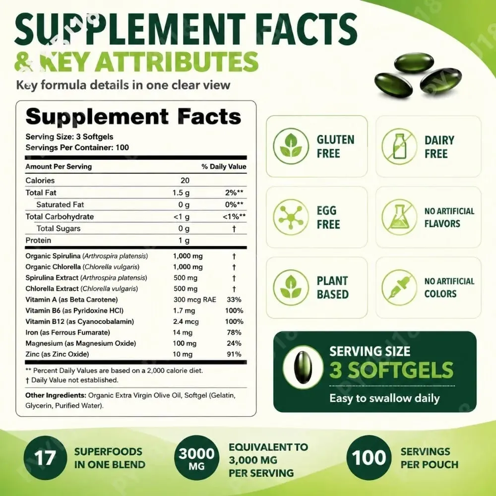 Solo Tree Spirulina Chlorella Softgels with Organic Microalgae Vitamin B6 B12 Digestive Balance & Immune Support 300 Softgels