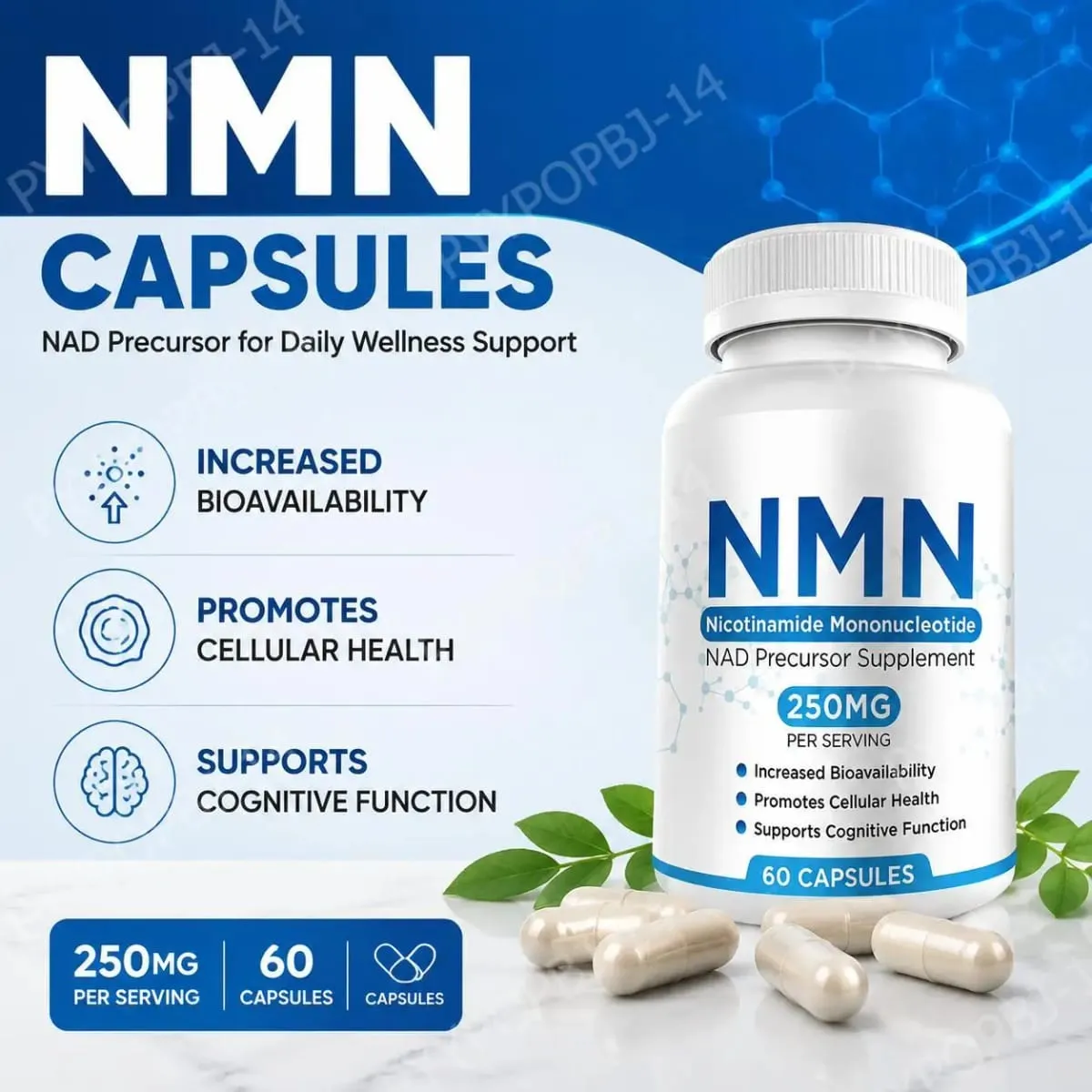 NMN Nicotinamide Mononucleotide Capsules 250 Mg Bawat Paghahatid ng Tumaas na Bioavailability Nagtataguyod ng Cellular Health ng 60 Capsules — image 2