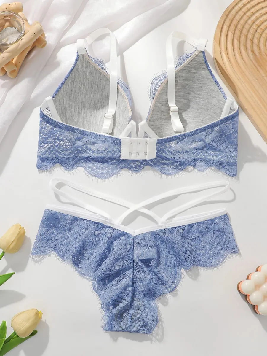 Women Blue Eyelash Lace Lingerie Set White Trim Underwire Push Up Bra Thong 2Pcs Floral Lace Bustier Intimate L093