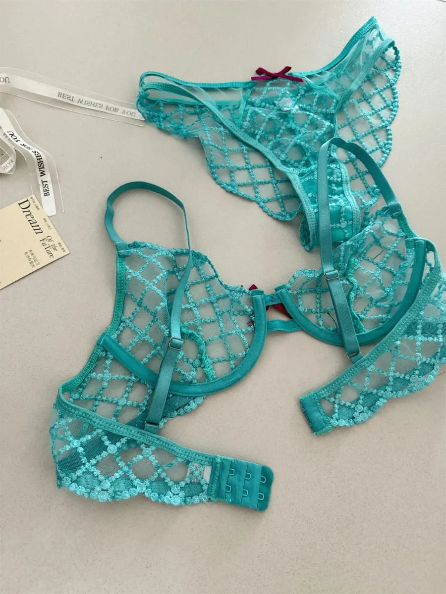 인어 블루 3피스 란제리 세트 얇은 큰 유방 속옷 섹시한 레이스 브라 통기성 로맨틱 브라 속옷 정장