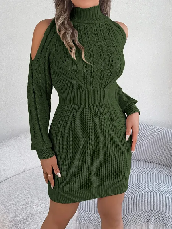 VigoCasey 2026 Women Casual Short Knit Dress Autumn Winter Hollow Long Sleeve Bodycon Dress Lady Pink High Neck Knitted Dresses