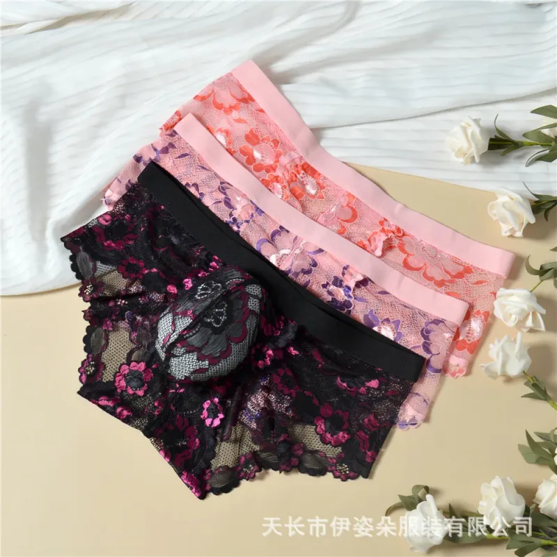 Biancheria intima sexy in pizzo Liscio Mutandine da uomo a sacchetto Prospettiva Slip da uomo floreali sottili Tentazione Mutande traspiranti a vita bassa in rete